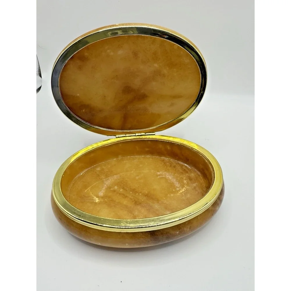 Vintage Genuine Alabaster Hand Carved Hinged Jewelry Trinket Box Made in Italy